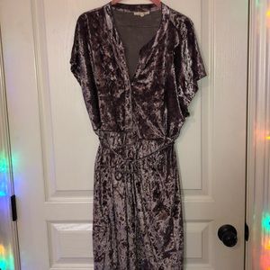 grey crushed velvet short sleeve button up dress